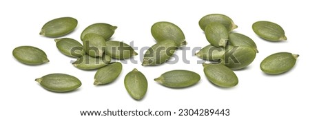 Pumpkin seeds set isolated on white background. Fresh and green. Horizontal layout. Package design elements with clipping path