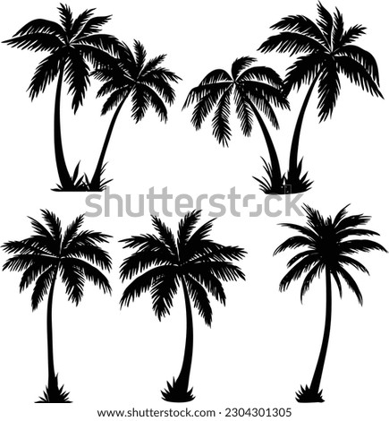 This set of detailed palm and coconut tree silhouette illustrations in black is perfect for adding a touch of tropical paradise to your design projects.  Royalty-Free Stock Photo #2304301305