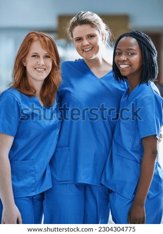 Portrait, nurses and team in a hospital, healthcare and happiness with doctors, career and friends. Medical student, surgeons or staff in uniform, wellness or teamwork with success or professional