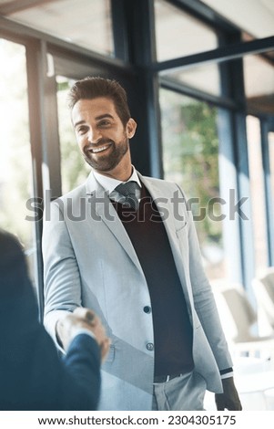 Businessman, handshake and partnership in meeting for deal, b2b agreement or hiring at the office. Happy business people shaking hands in recruiting, teamwork or welcome introduction at the workplace