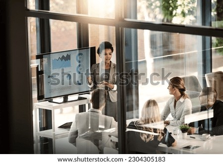 Business meeting, window and woman in presentation, statistics and data analytics, charts or infographics graphs. African leader, speaker or people listening for results, revenue or profit on screen