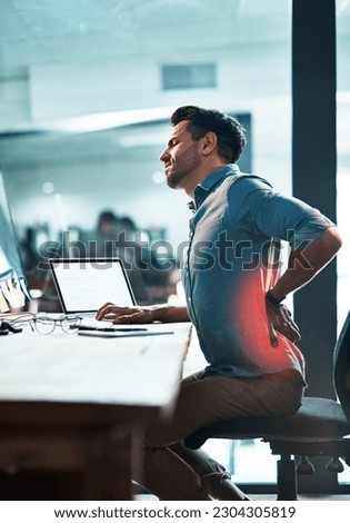 Red back pain, stress and business man with muscle injury, health risk and fatigue in desk chair. Uncomfortable employee with spine problem, bad posture and injured body from anxiety, burnout or sick Royalty-Free Stock Photo #2304305819