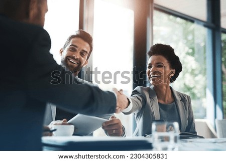 Happy business people, handshake and meeting in teamwork for partnership or collaboration in boardroom. Woman person shaking hands in team recruiting, introduction or b2b agreement at the workplace Royalty-Free Stock Photo #2304305831