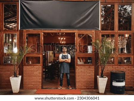 Banner, man and small business owner of restaurant, shop or pub with career pride. Male entrepreneur person as manager, barista and waiter or bartender at door for cafe welcome mockup sign or logo