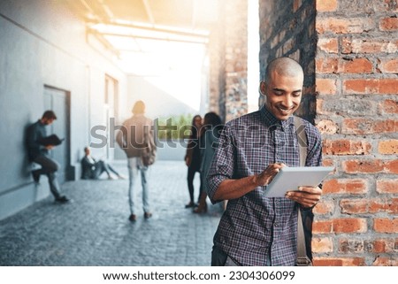 Happy, outdoor and man with a tablet, education and connection for social media, search website for information or network. Male person, guy and student with technology, campus and typing with an app