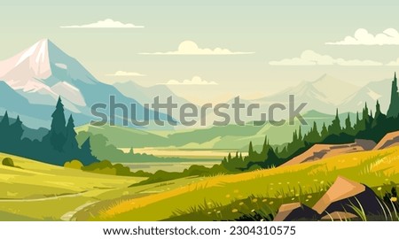 Mountains and meadows landscape. Vector illustration in flat style. Royalty-Free Stock Photo #2304310575