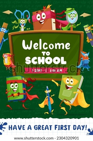 Back to school flyer, cartoon superhero stationery characters, vector education poster. Welcome back to school, student funny books, textbooks and stationery supplies on chalkboard background