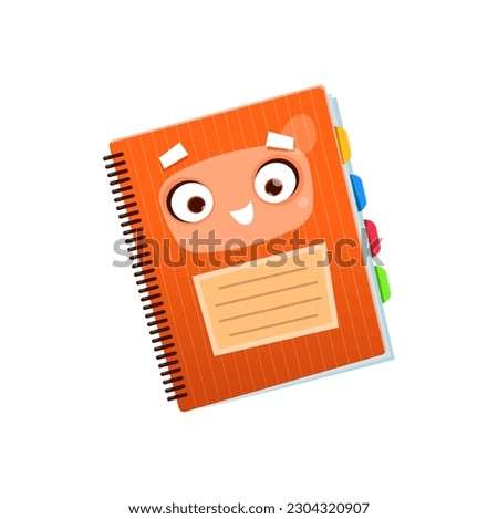 Cartoon notebook, school character or education mascot, vector happy funny smile. Back to school character of student textbook or copybook with smile face, cute cartoon notebook with bookmarks