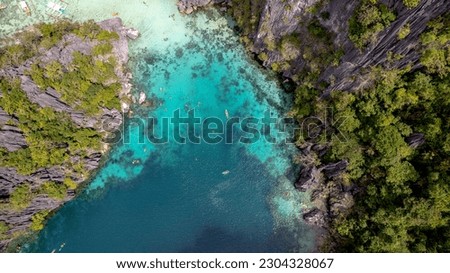 This photo captures the ethereal beauty of a Philippines lagoon. The water is a perfect shade of turquoise, framed by a rocky cliff and a verdant jungle. 