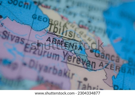 Armenia on political map of globe, travel concept, selective focus, background