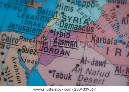 Amman, Jordan on political map of globe, travel concept, selective focus, background