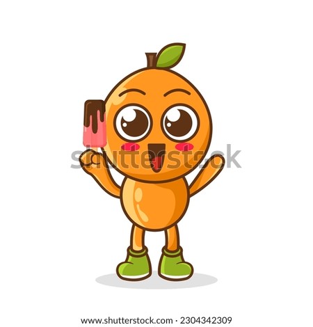 Cute smiling cartoon style orange fruit character holding in hand ice cream, popsicle.