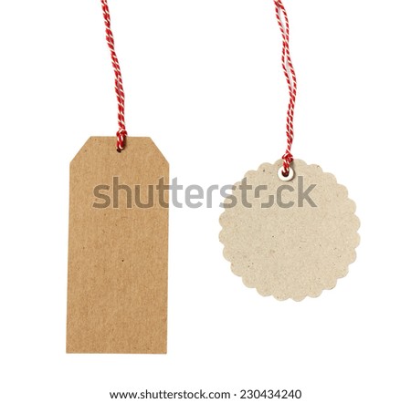 Blank hanging gift tags made from brown eco-friendly kraft paper in different shapes with red twine - isolated on white background