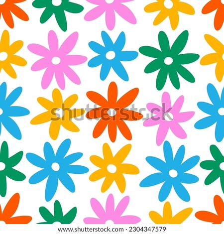 Hand drawn colorful daisies seamless pattern. Vintage hippie y2k flower background. Retro 1970 naive childish bright floral decor. Vector illustration.
