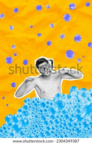 Vertical 3d drawing collage professional diver sportsman dive into blue ocean sea pool wear mask breathing tube yellow background