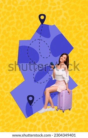Vertical collage picture of pretty positive girl sit suitcase use smart phone gps navigation route mark isolated on yellow background