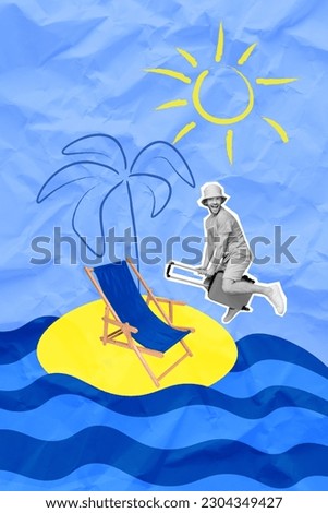Vertical artwork collage of excited black white colors guy flying suitcase lounger drawing palm tree sun water isolated on blue paper background