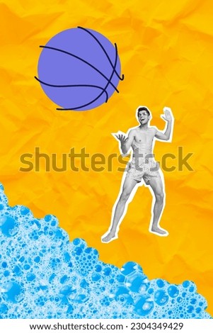 Vertical colorful collage excited carefree guy dude catch basketball ball near bubbles soap ocean sea water pool divided background