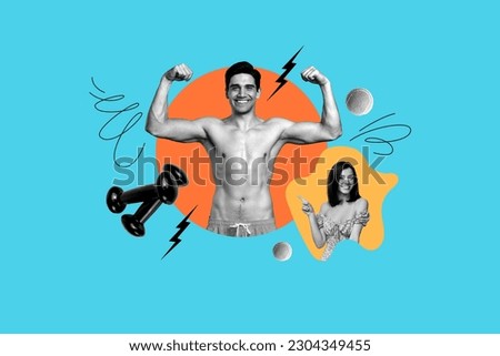 Collage portrait of black white gamma girl point ginger sporty muscular guy flexing biceps dumbbells tennis balls isolated on blue background