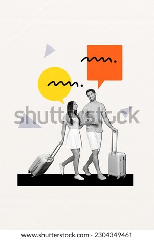 Vertical collage image of two black white gamma partners hold arms suitcase walking chatting dialogue bubble isolated on painted white background