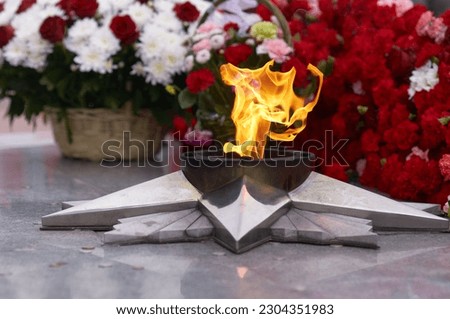 Eternal flame on the background of flowers. Memorial to soldiers who died in World War II. Red and white flowers in baskets. Selective focus