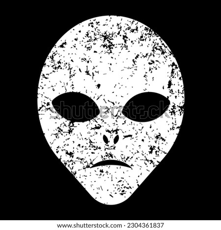 Alien head vector sign. Grunge texture. Humanoid face symbol icon. Extraterrestrial logo. Science fiction label. Ufo and sci-fi character illustration image.