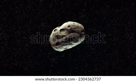 Asteroid with craters in outer space, surface of the space rock. Meteorite on a black background.
