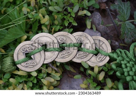 Chinese coins on a background of green leaves. Amulets and talismans.