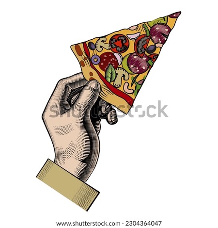 A man's hand with a slice of pizza. Conceptual design of the menu of an Italian restaurant. An old engraving with a stylized linear pattern. Vector illustration. 