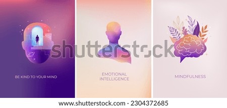 Psychology, Dream, Mental Health concept collection of illustrations. Brain, neuroscience and creative mind poster, cover Royalty-Free Stock Photo #2304372685