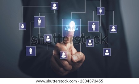 Business hierarchy  company structure concept. Business process plan and workflow automation flowchart. Virtual screen Mindmap or Organigram. Relations of order or subordination between member. Royalty-Free Stock Photo #2304373455
