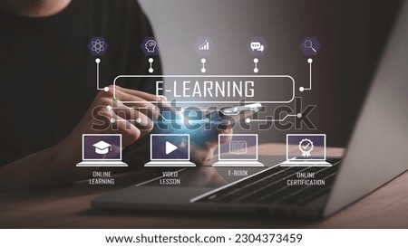 Education online course or E-learning concept. Graduate certificate coaching program Study or teaching by video, Virtual Show graduation hat, e-book icon, Digital courses develop skills thinking idea. Royalty-Free Stock Photo #2304373459