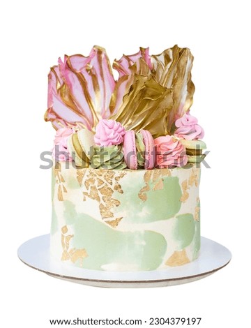 Beautiful pink and green cream cheese cake with rice paper, edible gold and macaroons. Delicious birthday cake isolated. Picture for a menu