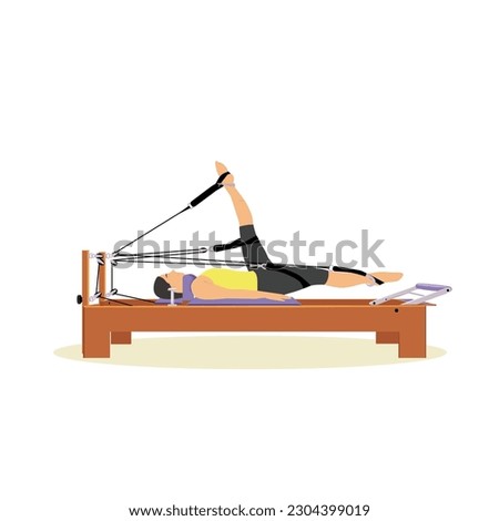 A woman does exercises on a Pilates reformer. Vector illustration Royalty-Free Stock Photo #2304399019