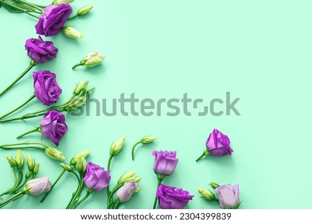 Composition with delicate eustoma flowers on color background