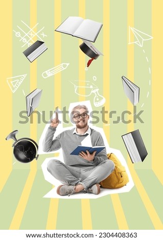 Male student with flying books, globe and mortar board on color background