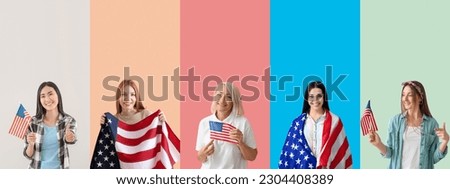 Many women with USA flags on color background
