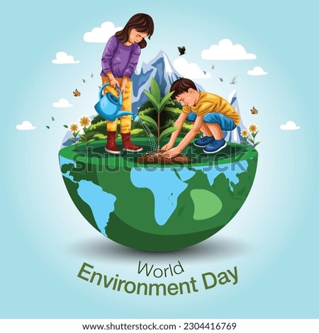 Kids Planting, Creative design world environment and earth day drawing and painting concept. abstract vector illustration design