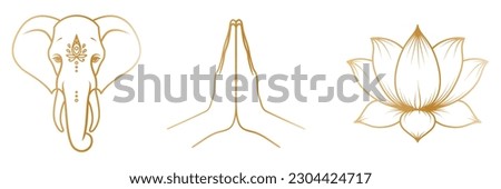 Golden elephant head, lotus flower and hands in mudra Namaste in outline style. Vector illustration isolated on a white background