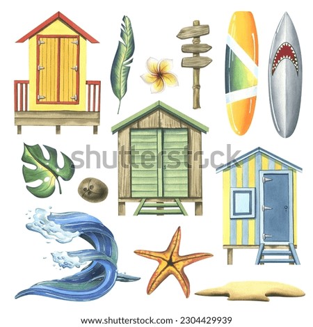 Beach cabines with surfboards, coconut palm, starfish, sandy island and sea wave. Watercolor illustration. A set of isolated objects on a white background from the SURFING collection