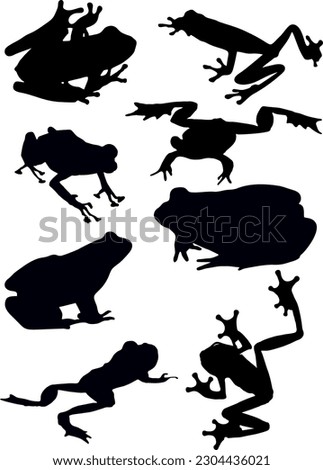 Silhouette of black frogs on a white background.