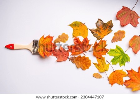 Creative Top view flat lay autumn concept composition. Paint brush painting by dried bright autumn leaves over paper background.