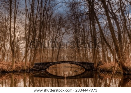 old bridge leads over small pond. The whole bridge is covered with foliage. Trees line the view through the arch bridge
