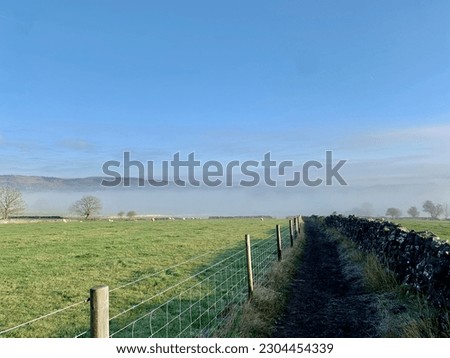Fog in the distance down the path going into the fog mist waking in the fields old stone wall sun and clouds low clouds misty day spooky forest haunted forest haunted woods