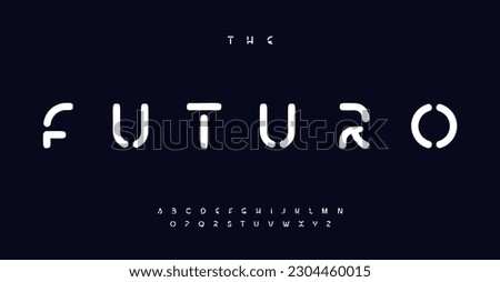 Futuristic stencil alphabet, digital sans serif letters, military uniform font for army industrial tech logo, stenciled headline, contemporary typography, modern typographic design. Vector typeset Royalty-Free Stock Photo #2304460015