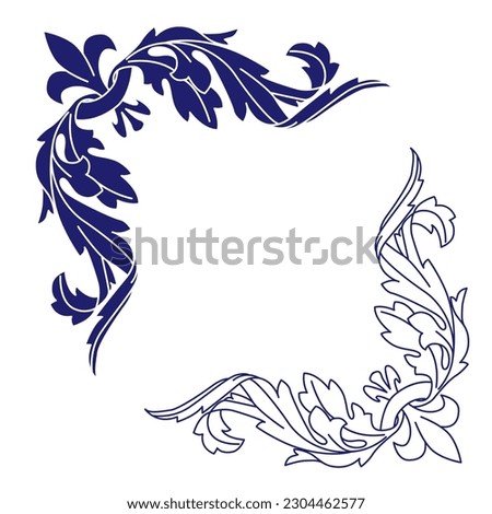 Vector floral corners set, black, blue on white. Eps 10. Vector illustration.
