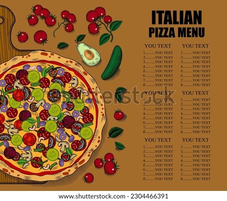 Italian pizza poster. Big round tasty pizza. Conceptual design of a restaurant menu. Vintage engraving stylized line drawing. Vector illustration.