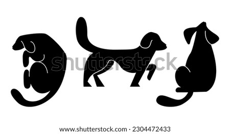 Cute dogs doodle vector set. Cartoon dog or puppy characters silhouette design collection with flat color in different poses. Set of funny pet animals isolated on white background.