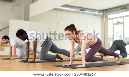 Concentrated sporty young woman doing intense bodyweight workout in fitness studio, performing mountain climber exercise in plank pose.. Royalty-Free Stock Photo #2304481267