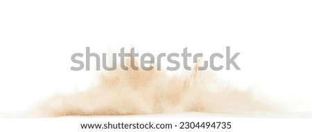 Small Fine size Sand flying explosion, Golden grain wave explode. Abstract cloud fly. Yellow colored sand splash throwing in Air. White background Isolated high speed shutter, throwing freeze stop